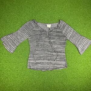 Vintage Y2K 2000s Iz Byer Gray Tie Front 1/2 Sleeve Gray Striped Top Sz XL